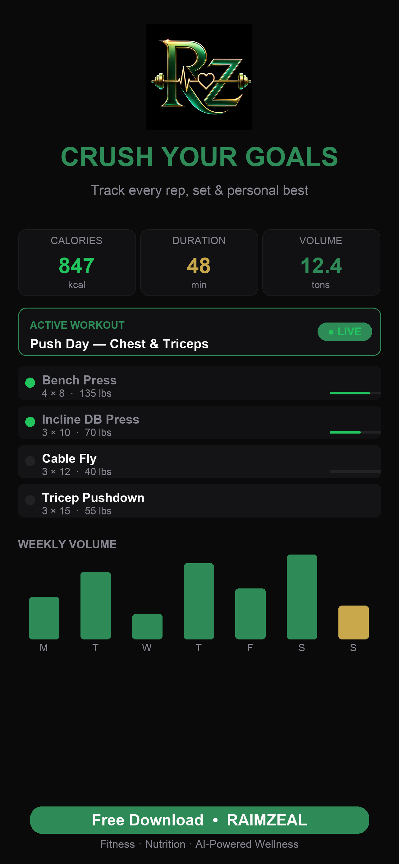 A workout session screen in the RAIMZEAL app showing exercises, sets and logged weights for a training session.