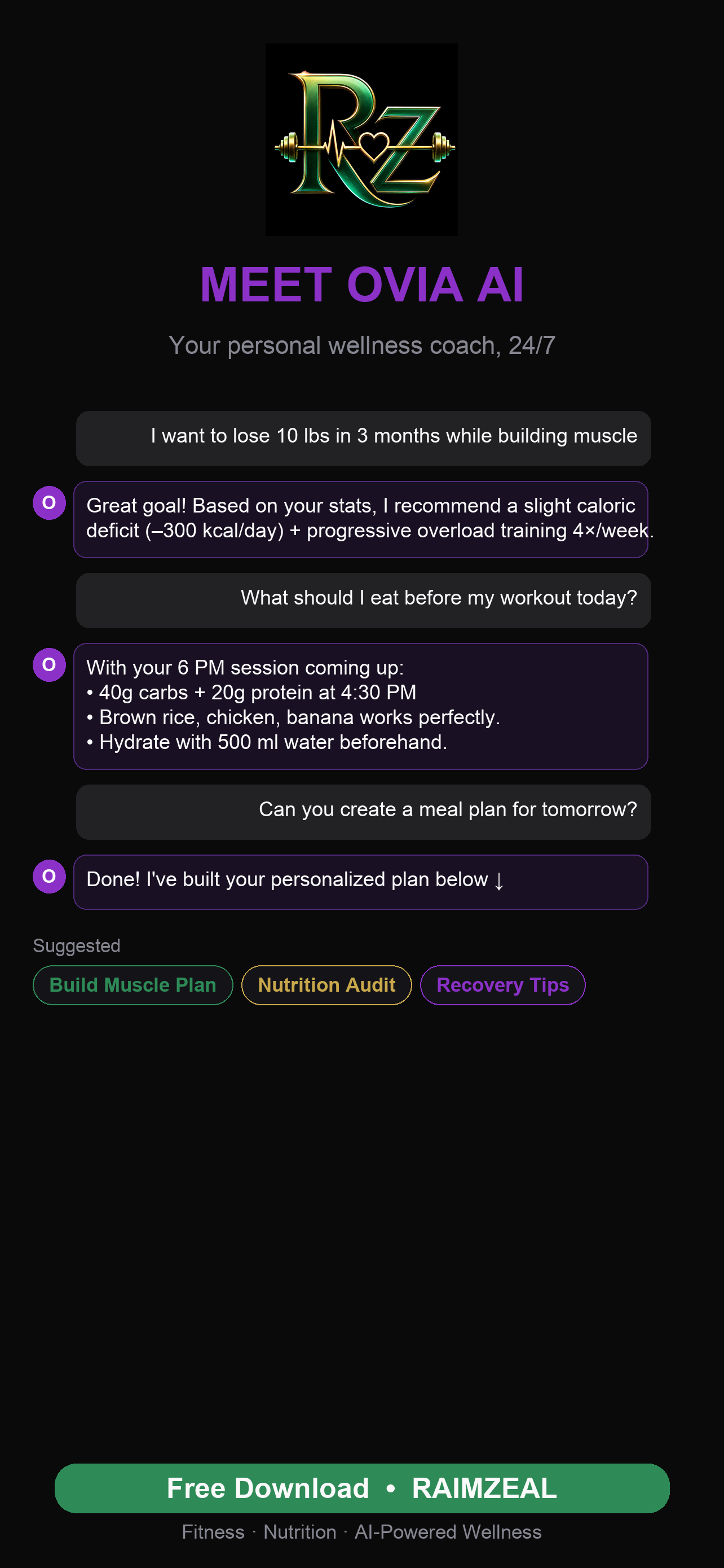 The Ovia AI chat screen in the RAIMZEAL app, showing a conversation between a member and the AI coach about their training plan.