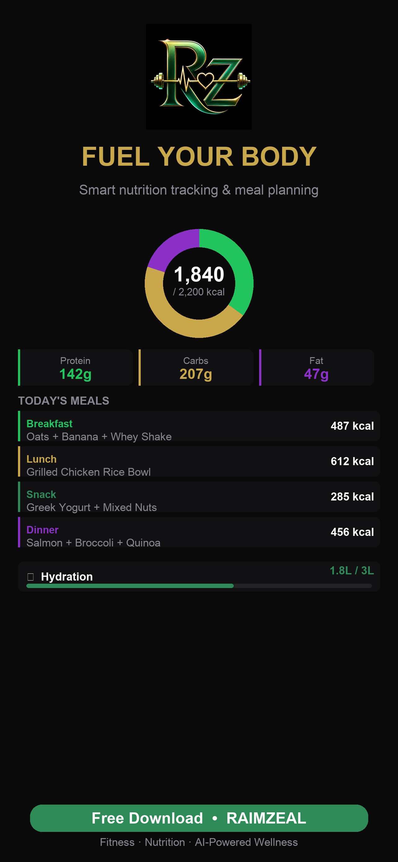 The RAIMZEAL nutrition screen showing daily calories alongside a macro breakdown of protein, carbs, fat and fibre with progress rings and a list of logged meals